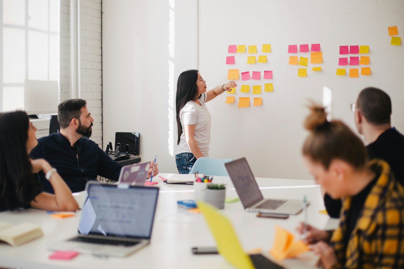 Strategy session with annotated frameworks and stakeholder notes on a conference table